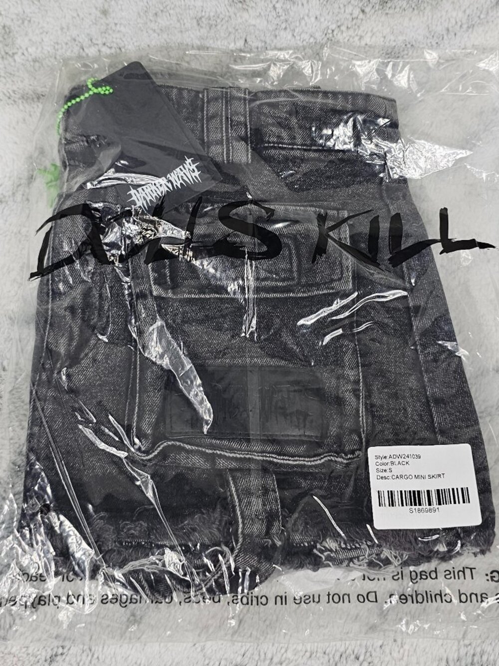Dolls Kill Darker Wavs Small Washed Black Cargo Mini Skirt Straps Distressed